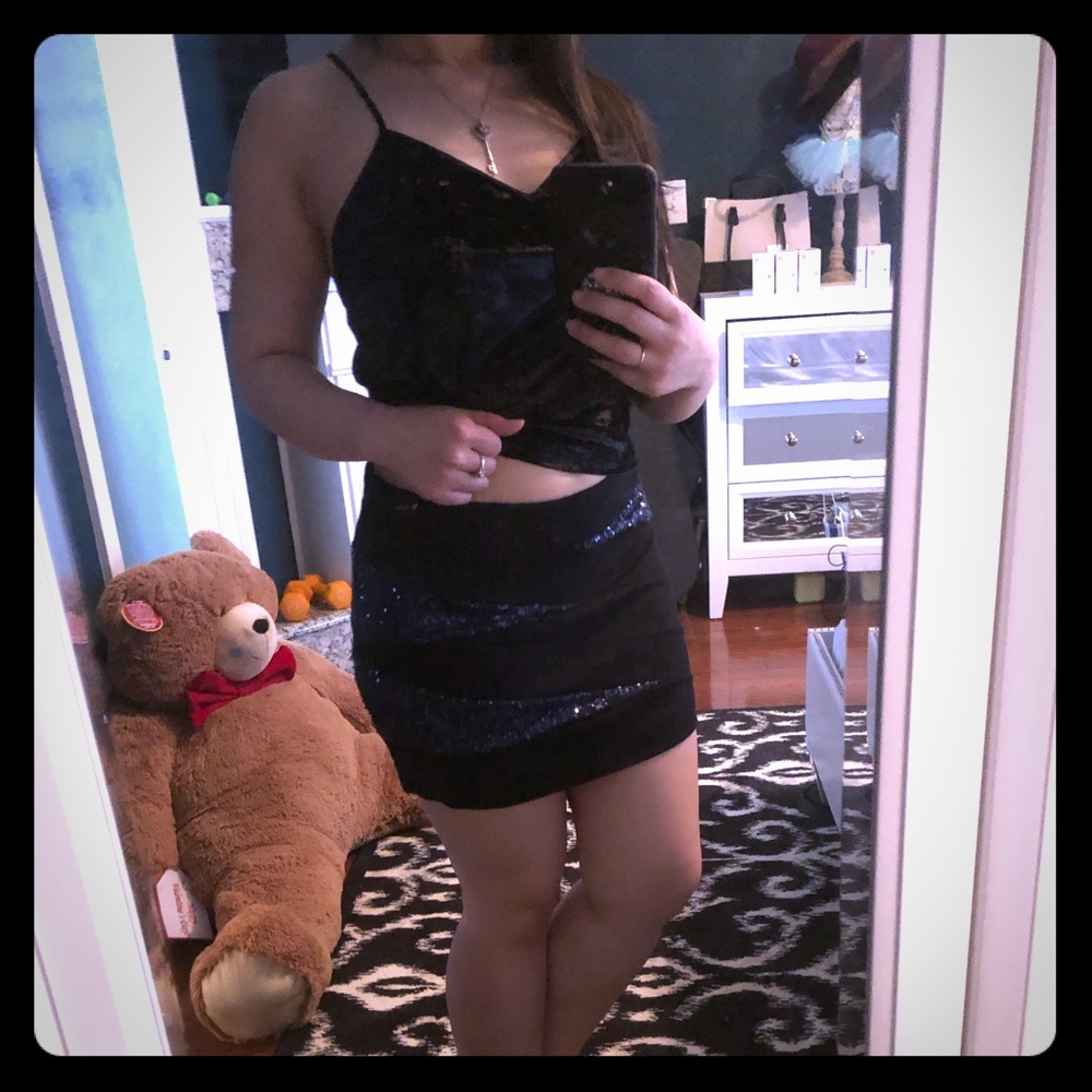 Express Black Mini Skirt with Navy Blue Sequins